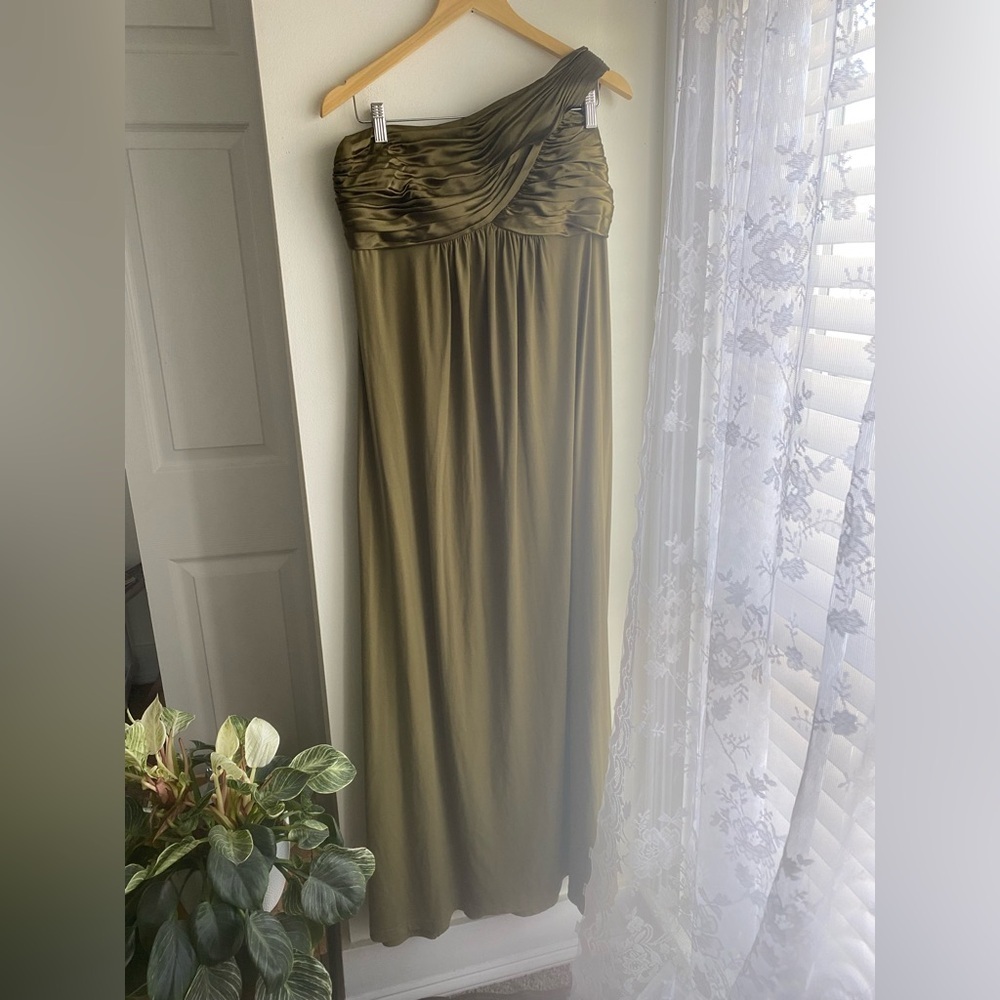 David's Bridal Olive One-Shoulder Prom Gown